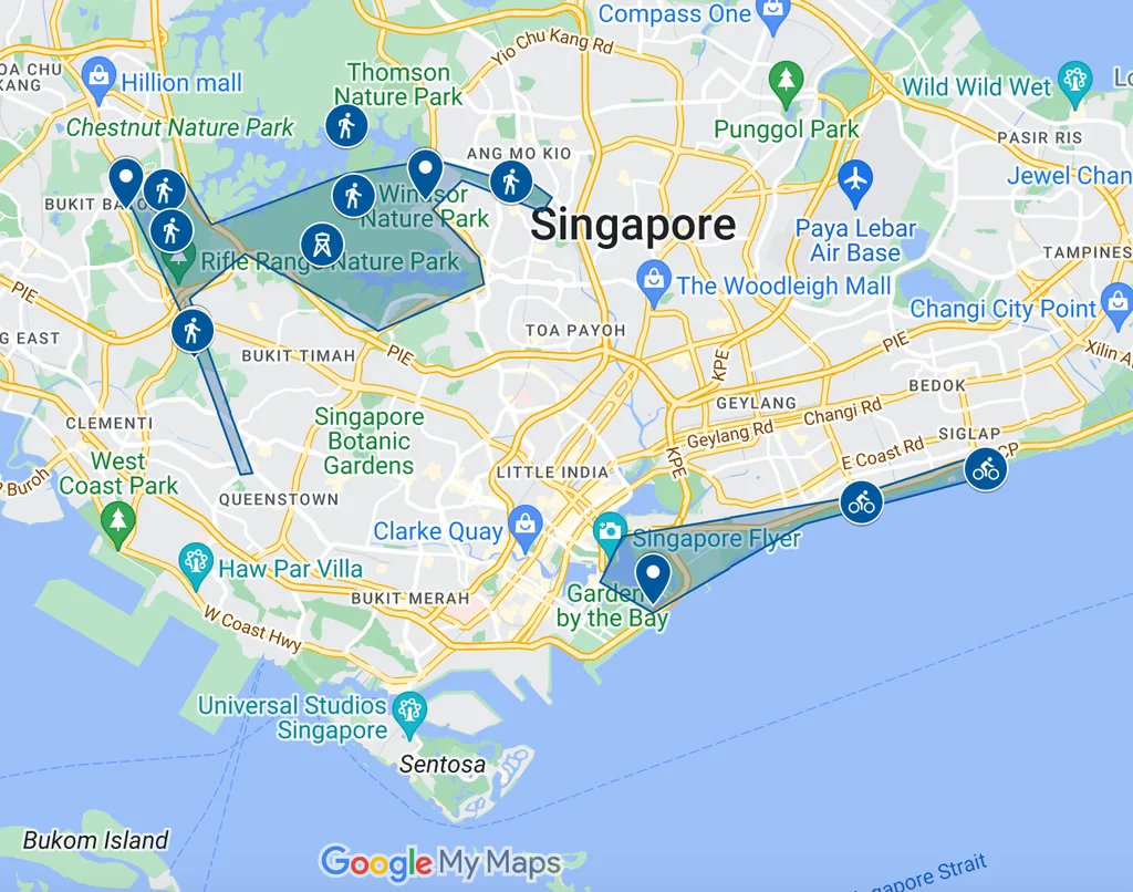 Hiking and Cycling Map: Central Water Catchment, East Coast Park, Singapore