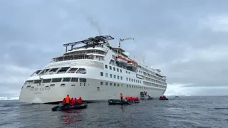 Zodiacs lining up to board the ship